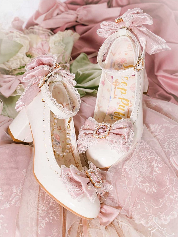 White&Pink Beaded And Rhinestone Decorated Bow at Top Lace Trim Mary Janes With Detachable Beaded Chain