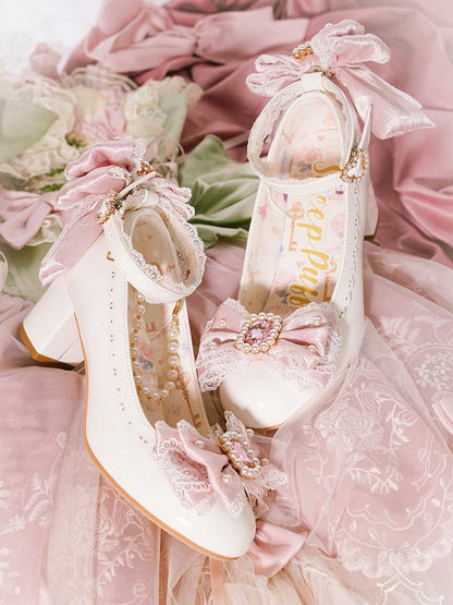 White&Pink Beaded And Rhinestone Decorated Bow at Top Lace Trim Mary Janes With Detachable Beaded Chain