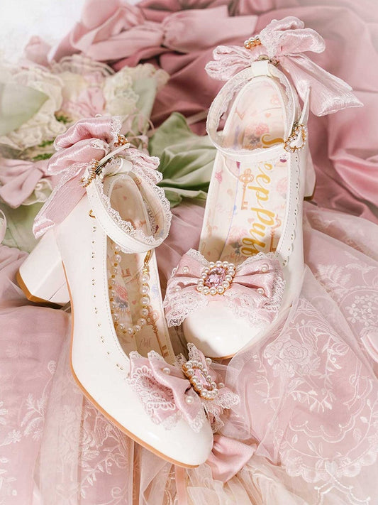 White&Pink Beaded And Rhinestone Decorated Bow at Top Lace Trim Mary Janes With Detachable Beaded Chain