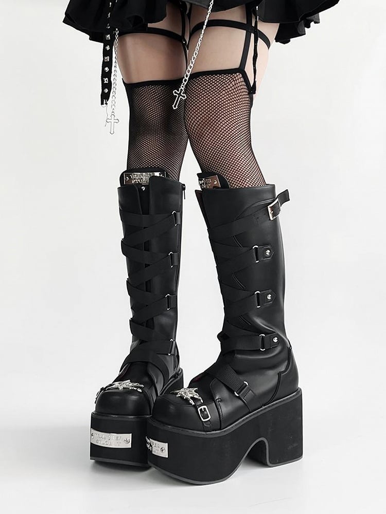 Black Crisscross Design Buckle Strap Platform Block Heel Boots