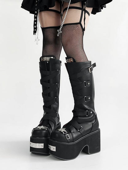 Black Crisscross Design Buckle Strap Platform Block Heel Boots