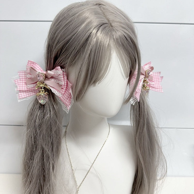 Sweet Lolita Strawberry Charm Heart Rhinestone Pink/Blue/Wine Red/Black Bow Hairclips