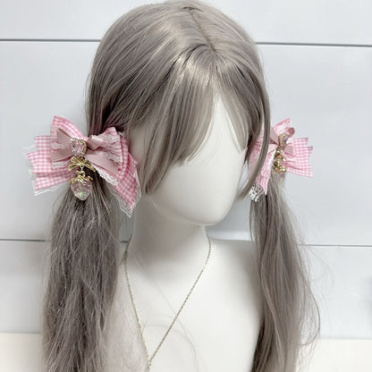 Sweet Lolita Strawberry Charm Heart Rhinestone Pink/Blue/Wine Red/Black Bow Hairclips
