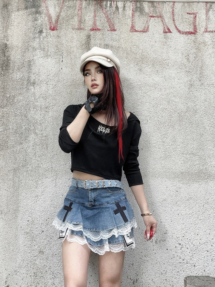 Blue Cross and Skeleton Appliques Lace Trim Glamorous Tiered Skirt