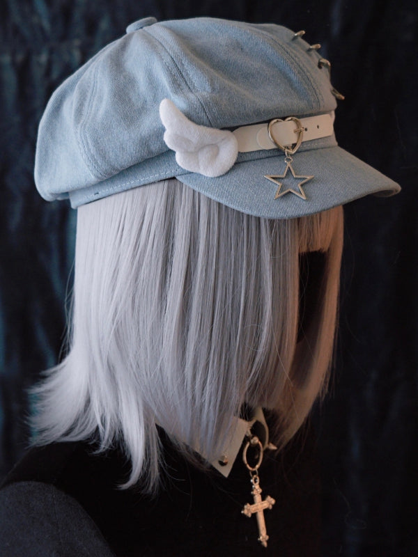 Handmade Heart Buckle and Wings Light Blue Denim Hat