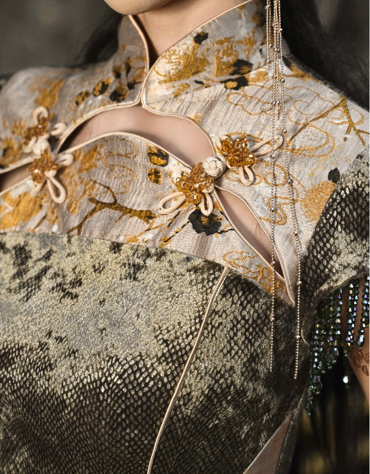 Cheongsam Collar Gothic Thigh-high Slit Qipao Dusty Green and Yellow