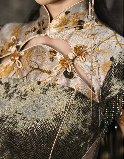 Cheongsam Collar Gothic Thigh-high Slit Qipao Dusty Green and Yellow