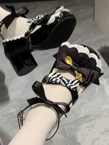 Black Spoon Decorated Bowknot Details Sweet Lolita High Block Heels