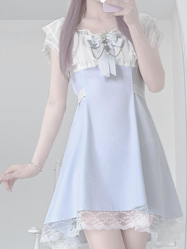 Jirai Kei Light Blue High Waist Lace Trim Dress with Chains Decorated Bowtie