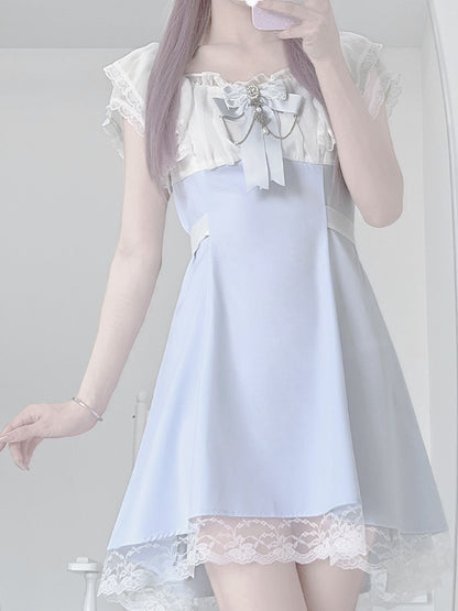 Jirai Kei Light Blue High Waist Lace Trim Dress with Chains Decorated Bowtie