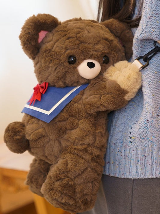 Brown Bear Plush Backpack/Crossbody Bag + Blue Hat + Bowknot Decorated Sailor Collar Middle/Large Size