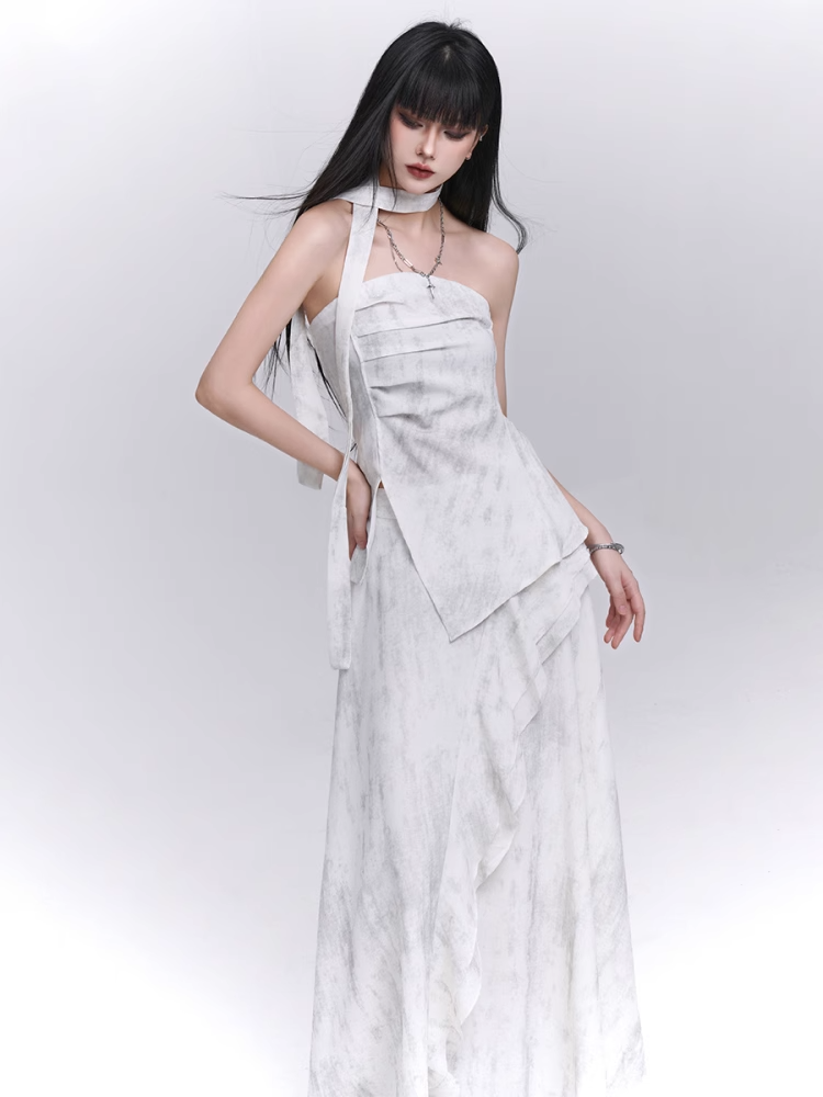 Off-white Side Slit Strapless Top with Scarf / Elastic Waist Cascading Ruffle Trim Skirt