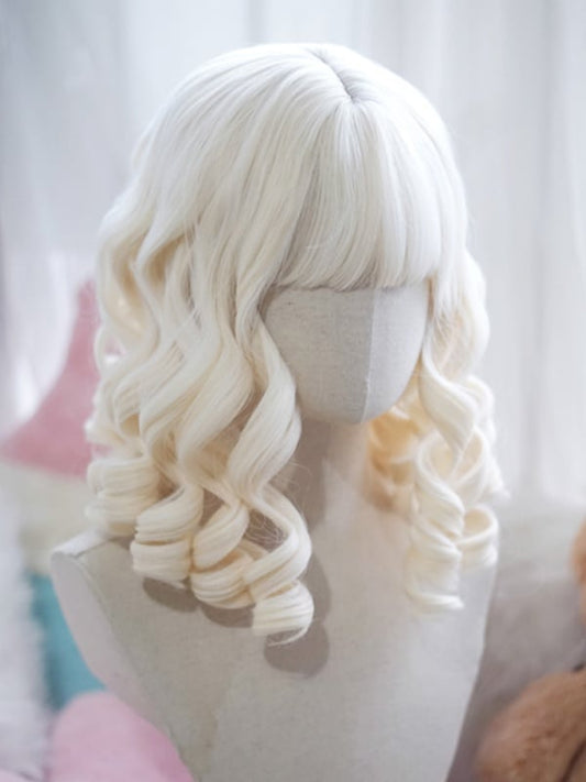 Clearance-White 40CM Above Bust Length Roman Curly Wig With Full Bangs