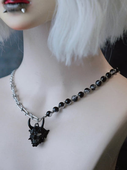Black Gothic Demon Mask Pendant Beaded Necklace