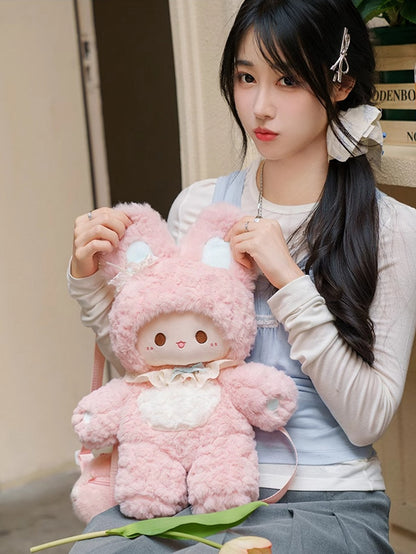 Pink Bowknot Decorated 43cm Plush Rabbit Backpack Detachable Shoulder Straps