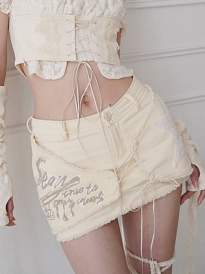 Fleece Star Patch Beige Asymmetrical Skort Frayed Hem