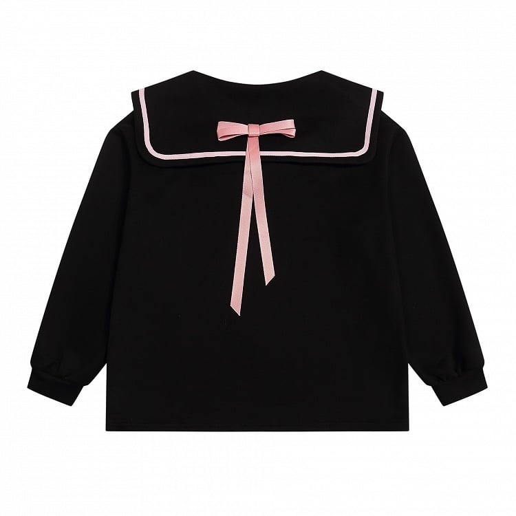 Black/Pink Sailor Collar Sweatshirt with Manga Girl Print and Ribbon Bow Back - Jirai Kei Style