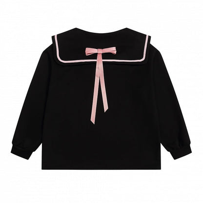 Black/Pink Sailor Collar Sweatshirt with Manga Girl Print and Ribbon Bow Back - Jirai Kei Style