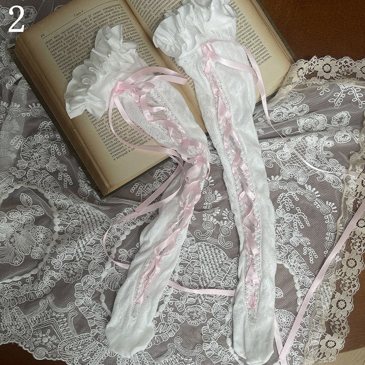 Pink Lace-up Detail Underknee Stockings With Bowknot Leg Loop