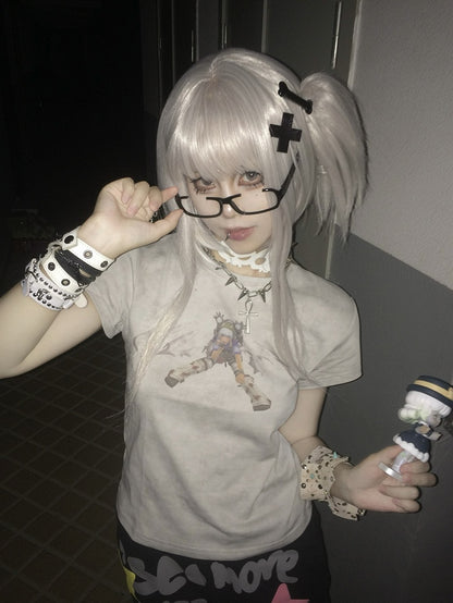 White/Gray Cyberpunk Graphic T-shirt