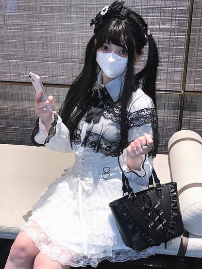 Jirai Kei High Waist Tiered Lace Skirt | Heart Buckles & Lace-Up Detail | 5 Colors