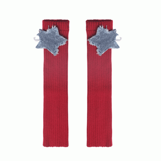 Denim Star Appliques Red Knit Leg Warmers