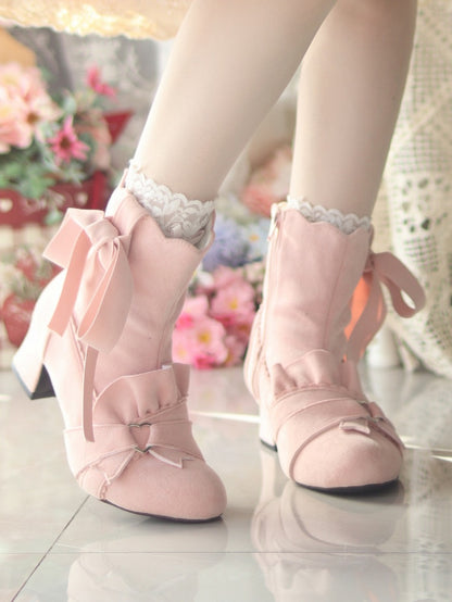 Pink Knotted Bow Accent Zip Closure at Sides Ankle Boots