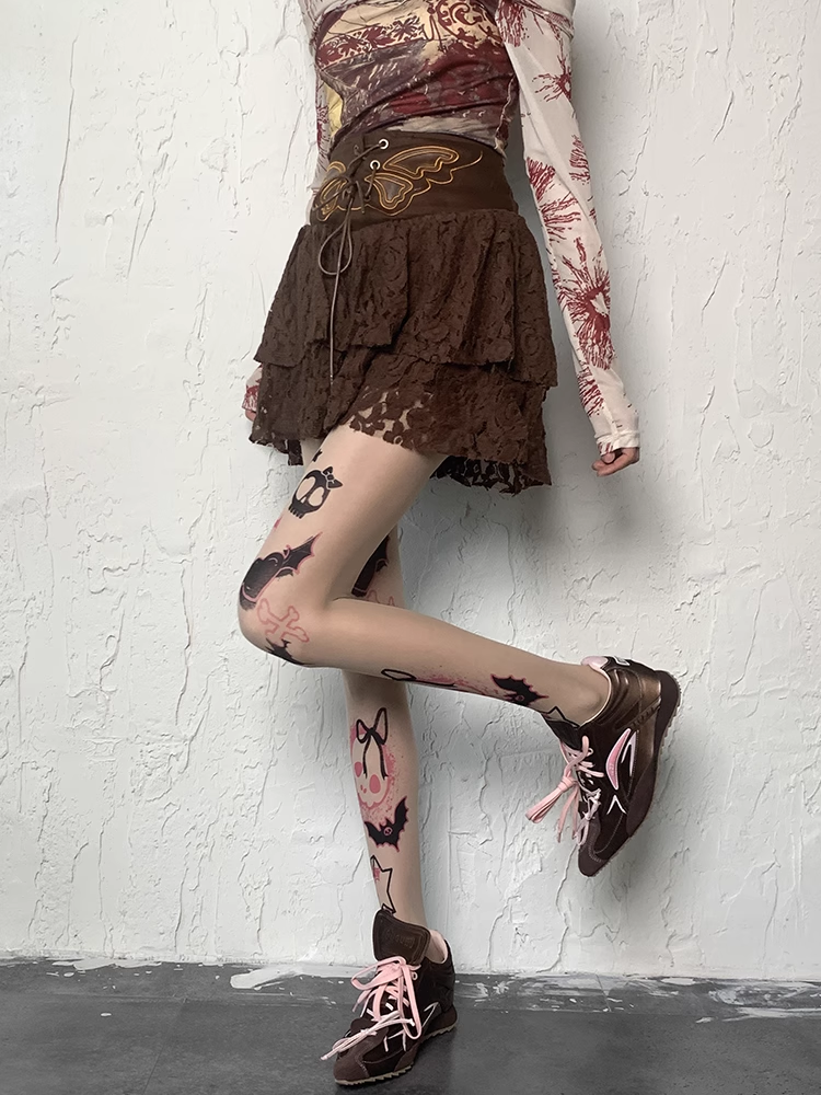 Y2K Skull and Heart Print Nude Sweet Grunge Tights