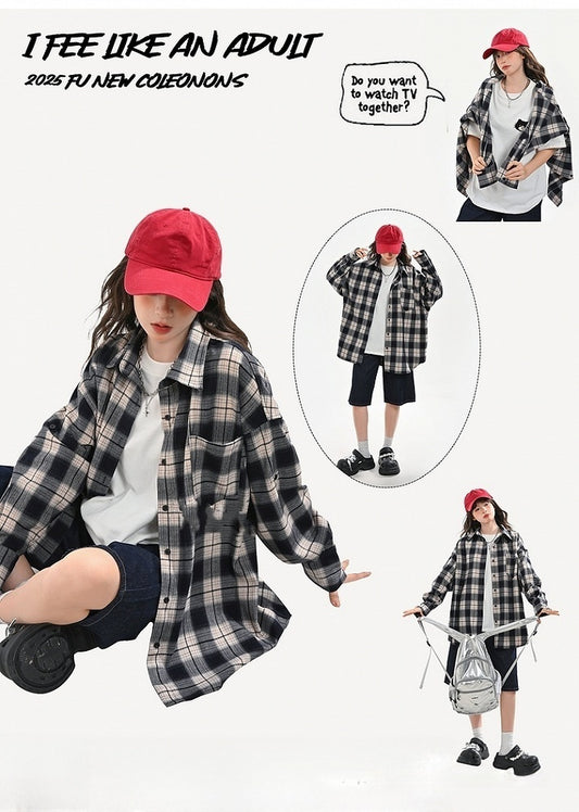 Navy Blue Front Button Placket Vintage Plaid Shirt