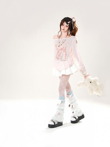 White and Blue Double Elastic Waistband Mini Skirt