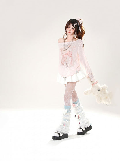 Adorable Kitten Print Asymmetrical Neckline Pink Semi-sheer Coverup