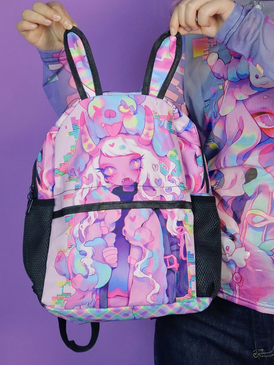 Pink Y2K Backpack with Cartoon Print and Bunny Ear Accents