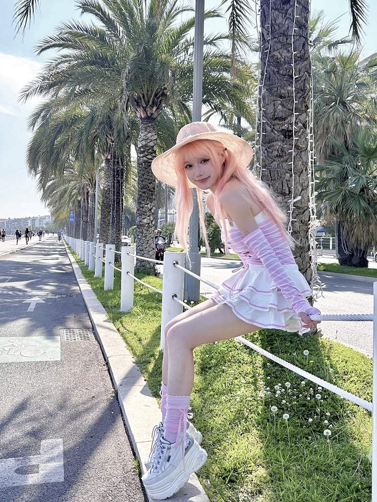 Pink Striped Pattern Navycore Self-tie Halter Dress Tiered Skirt with Free Armwear