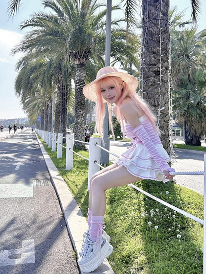 Pink Striped Pattern Navycore Self-tie Halter Dress Tiered Skirt with Free Armwear