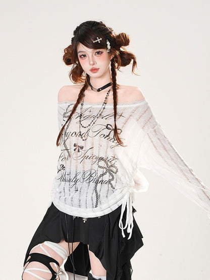 Off-the-shoulder Neckline Bowknot Print Black/White Semi-sheer Coverup