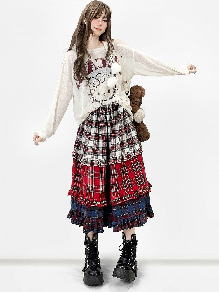 Red Christmas Plaid Pattern Tiered Ruffles Skirt
