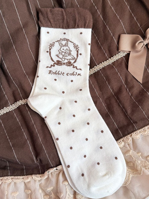 Mint Green/Pink/Black/Brown Lolita Bunny Print Polka-dot Pattern Ruffled Calf Stock