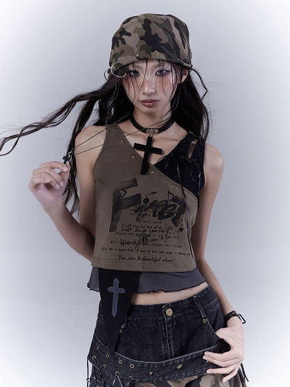 Army Green Lace-up Shoulder Asymmetrical Hem Wasteland Punk Tank Top