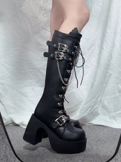 Ghost Cat Black High Block Heel Boots with Detachable Chain