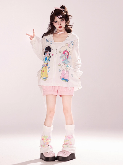 Y2K Cartoon Girl Print White Zip-up Hooded Jacket