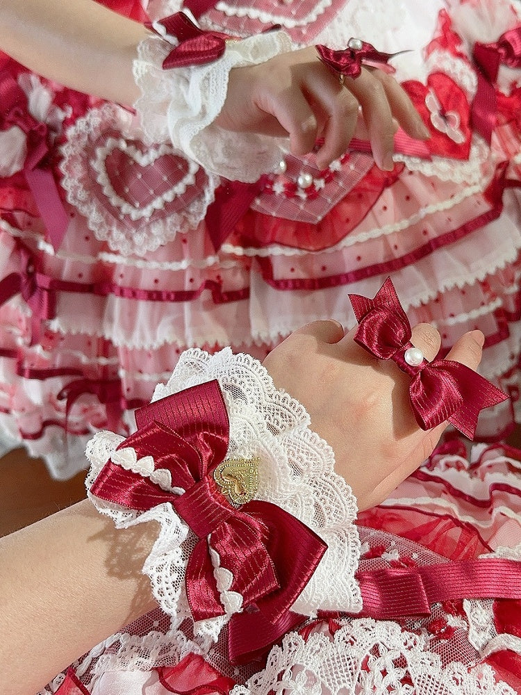 Red Heart Charm Striped Pattern Bowknot Wrist Cuffs