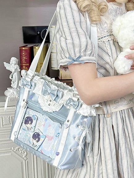 Blue&White Bowknot Details Ruffles Trim Lace-up Design Ita Bag