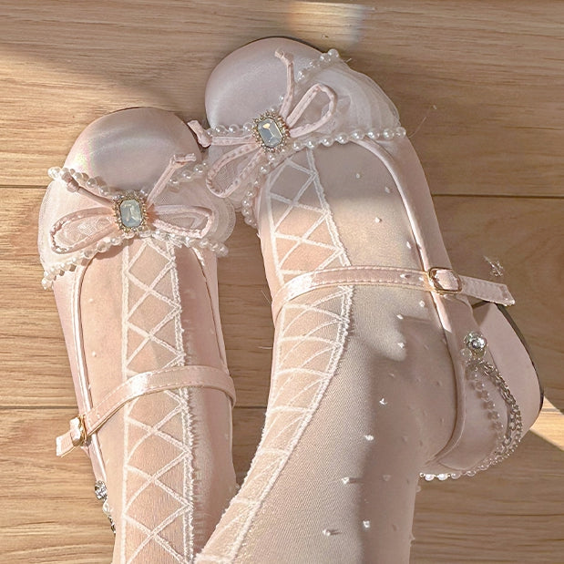Bead and Rhinestone Details Light Pink Sweet Mary Janes with Chains