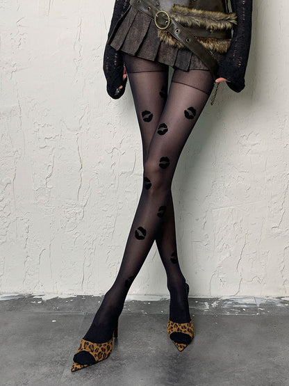 Black/Red Gothic Lips Print Tights