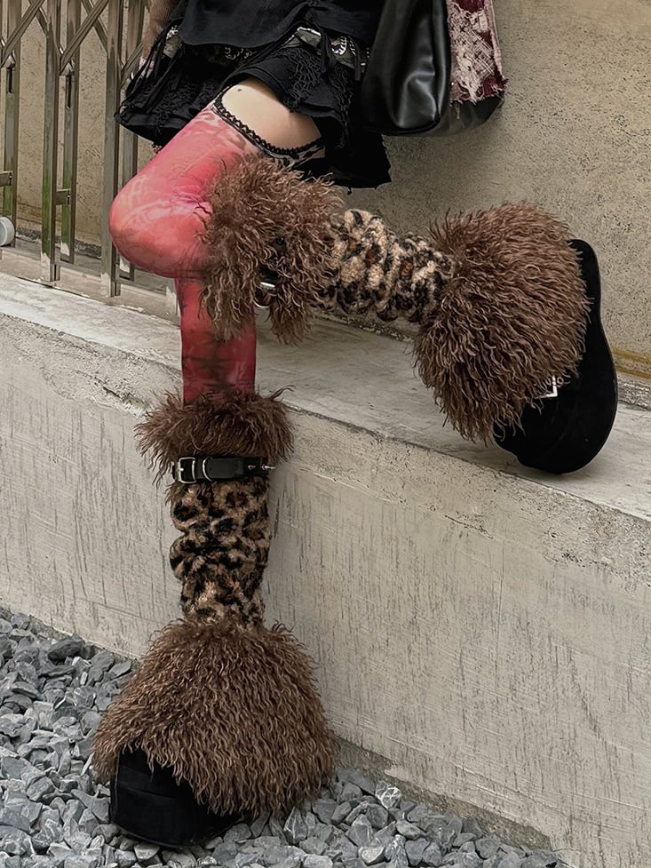 Brown Leopard Stud Buckle Straps Shaggy Leg Warmers