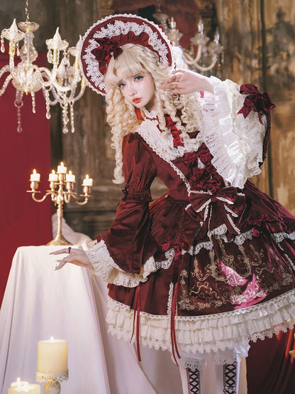 Candle and Candlestick Embroidery Red Bell Sleeves Velvet Dress Lolita OP / Set
