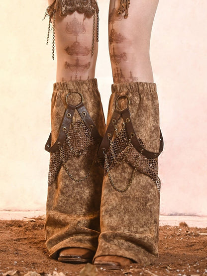 Wasteland Punk Denim and Mesh Patchwork Leg Sleeves with Straps and Chains