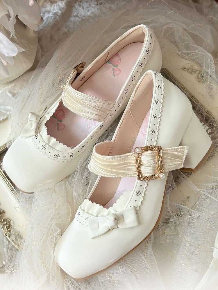 PU White Elegant Lolita Mary Janes - Low/Mid Heel with Pleated Straps & Floral Cutouts