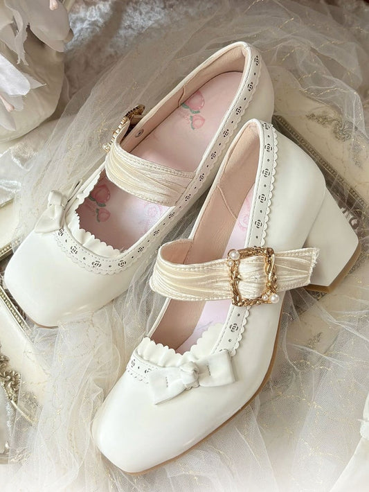 PU White Elegant Lolita Mary Janes - Low/Mid Heel with Pleated Straps & Floral Cutouts