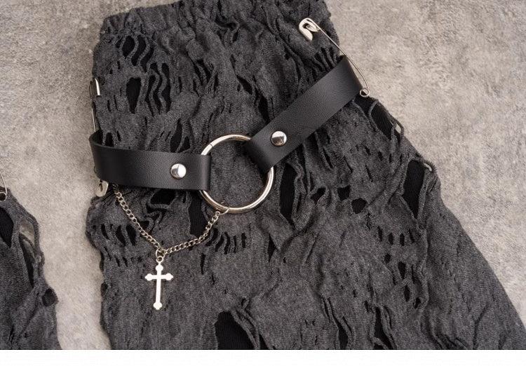 Cross Decorated Distressed Holes Dark Gray Gothic Leg Warmers